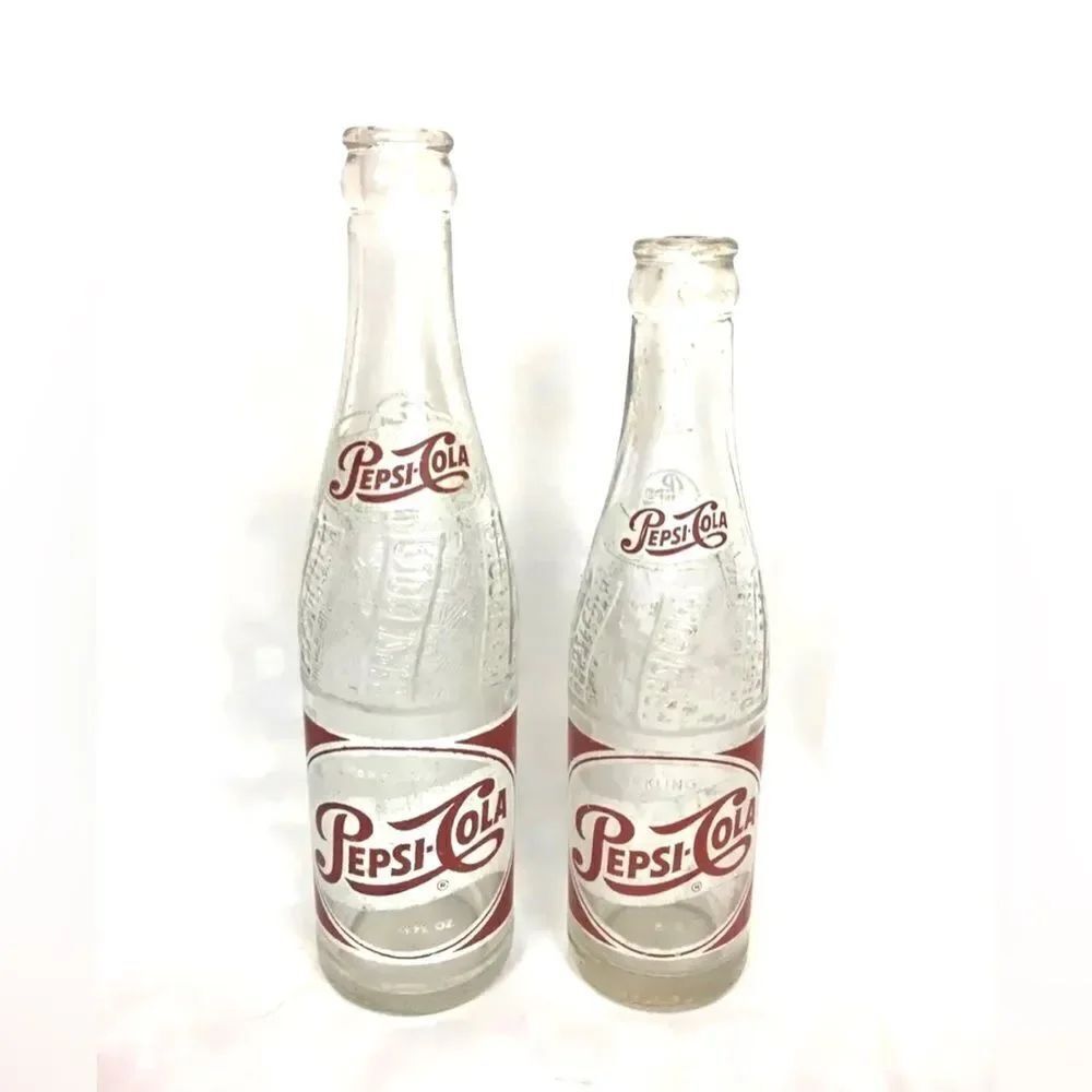Pair of Vintage 12 oz and 8 oz 1950s SPARKLING PEPSI COLA Glass Bottles NY IN